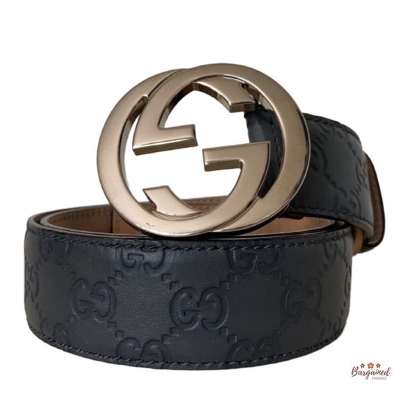 Authentic Gucci Gray Guccissima Leather Silver Interlocking G Buckle Belt 85/34 - Picture 1 of 12